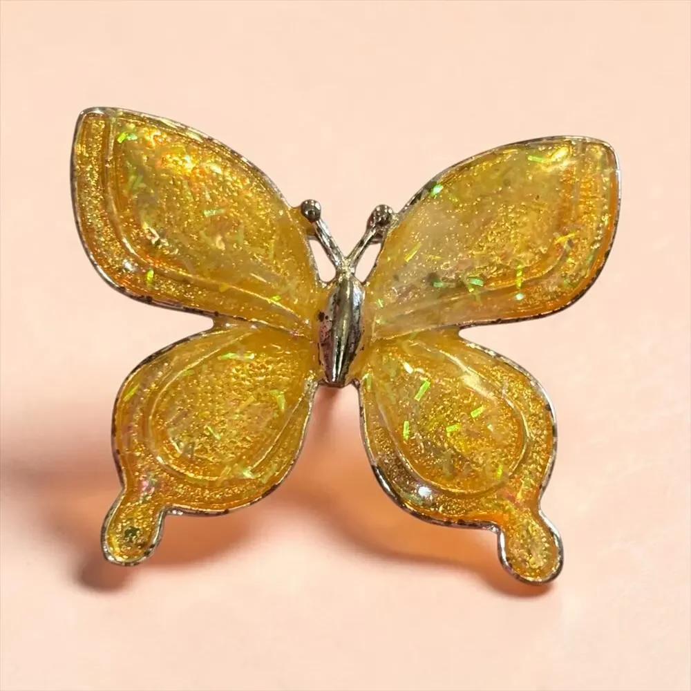 Vintage Glitter Lucite Butterfly Brooch Golden Amber Confetti Resin Pin